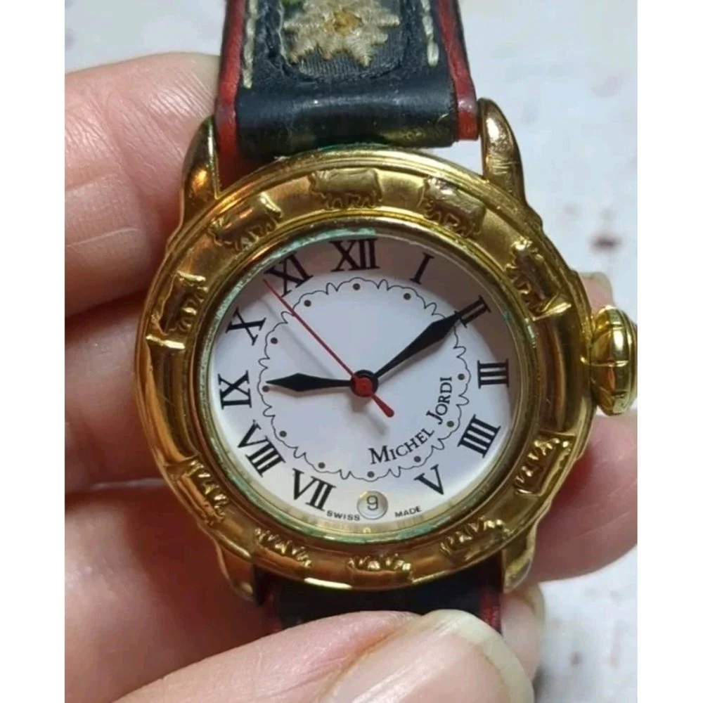 Michel‎ Jordi Vintage 1991 Swiss Made Gold Plated Wrist Watch Genuine Leather